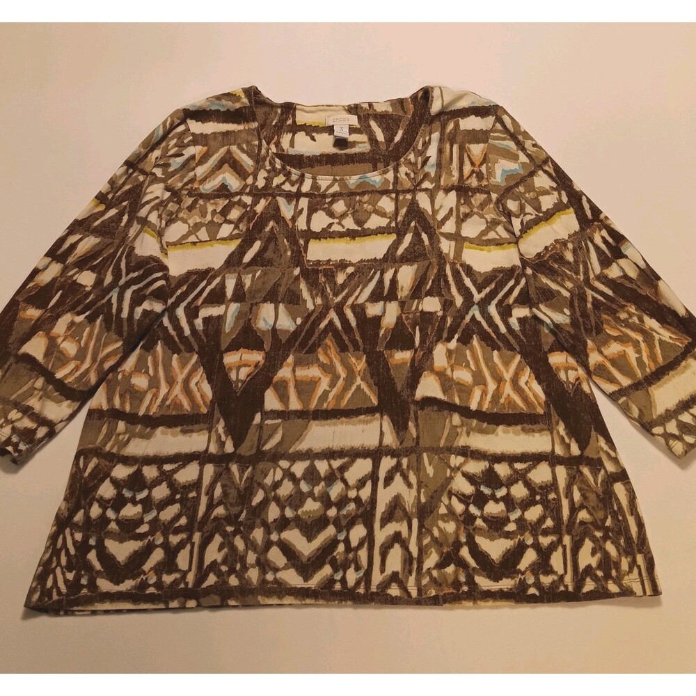 Chico's Size 3 Casual Top XL 3/4 Sleeve Brown Ivory Cotton Stretch Shirt
